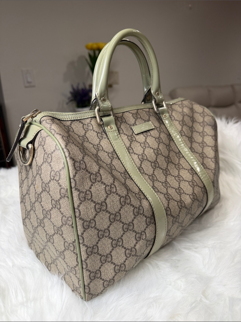 💯Authentic Gucci Vintage GG Monogram Boston Bag Sage Green Patent Leather🍀 - Picture 9 of 17